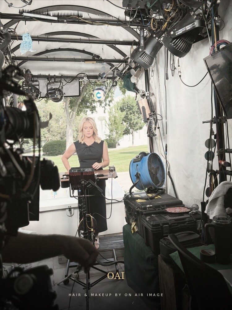 Karoline Leavitt at a White House live shot position